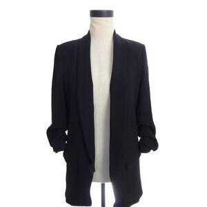 Zara Woman Black Open Front Blazer Ruched Sleeves XS